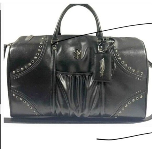 Steve Madden Black Leather Studded Embellished Duffle Bag Travel Excellent - Picture 1 of 11